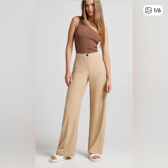 Bershka Pants - Bershka High Waist Wide Leg Pant • Khaki Tan Dress Pant • Size 4 / EUR 36